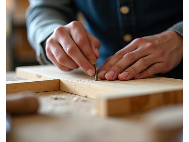 Close-up van handen die hout bewerken, ambacht